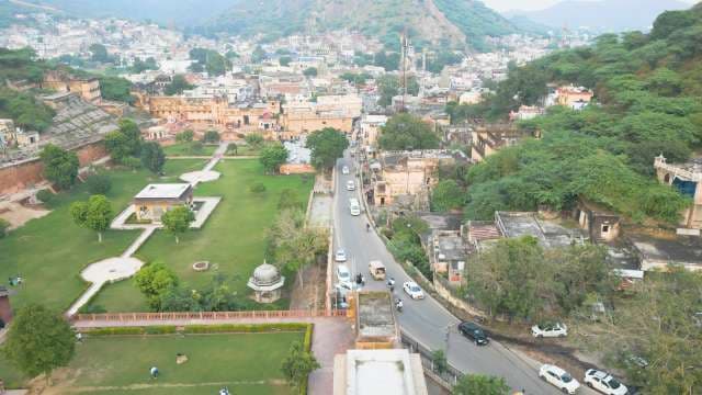 Aerial View of Historic Amer Town and Gardens in Jaipur India