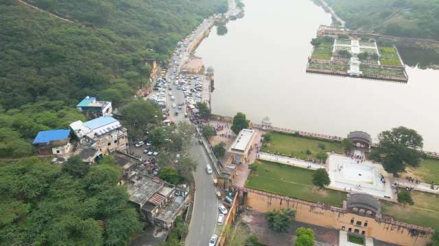 Aerial View of Amer Fort Surroundings and Maota Lake in Jaipur