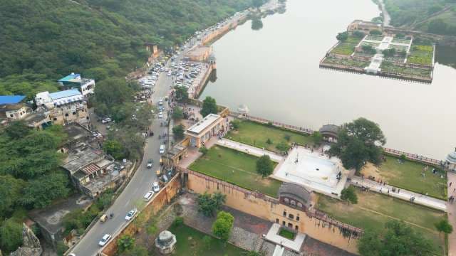 Aerial View of Historic Amer Fort and Maota Lake in Jaipur