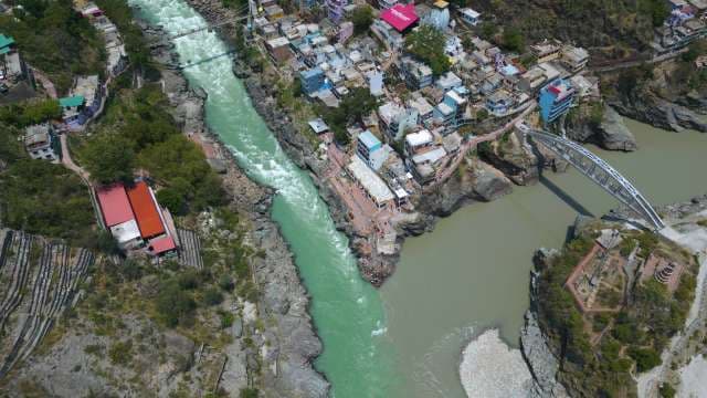 Aerial View of Devprayag Confluence: Where Alaknanda and Bhagirathi Meet