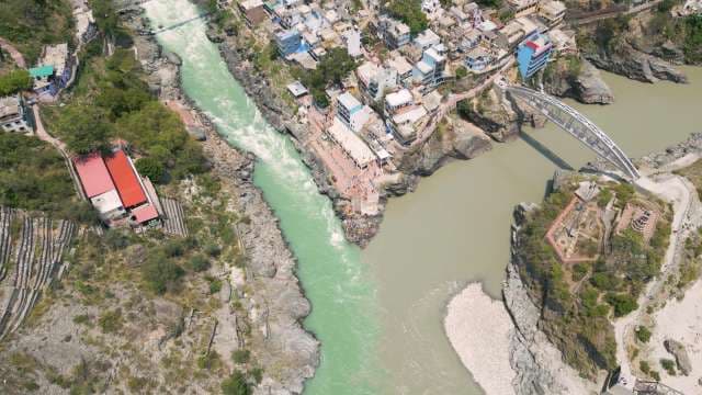 Majestic Aerial View of Devprayag Sangam Where the Holy Ganges Begins