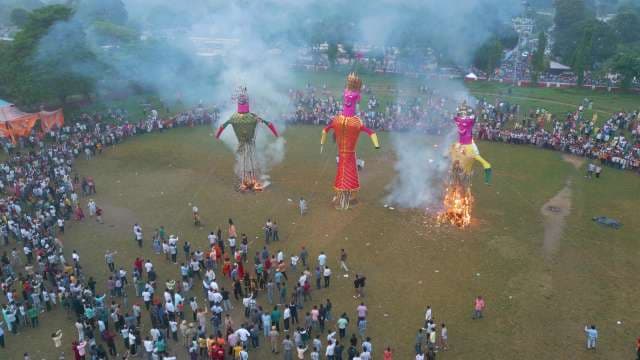 Aerial View of Traditional Dussehra Celebration With Burning Ravana Effigies