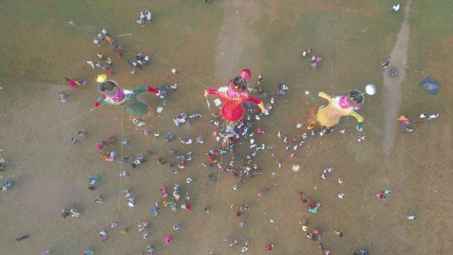 Aerial View of Large Effigies Prepared for Dussehra Festival Celebration
