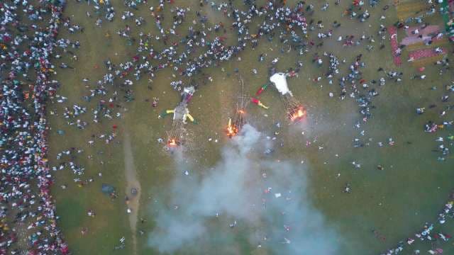 Aerial Top-Down View of Dussehra Festival with Burning Effigies