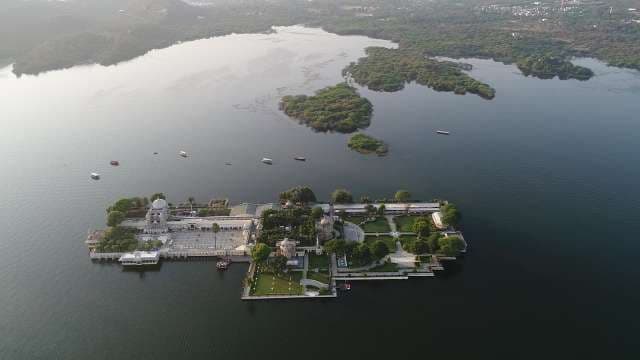Stunning Aerial View of Jag Mandir Palace on Lake Pichola Udaipur