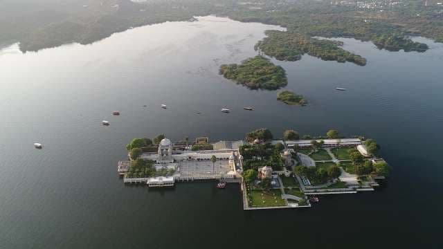 Stunning Aerial View of Jag Mandir Palace on Lake Pichola Udaipur
