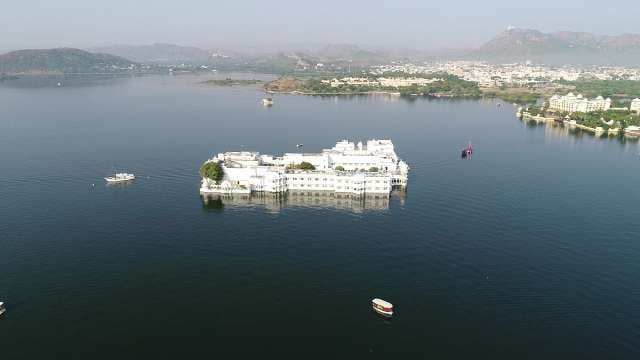 Majestic Aerial View of Taj Lake Palace on Pichola Lake Udaipur