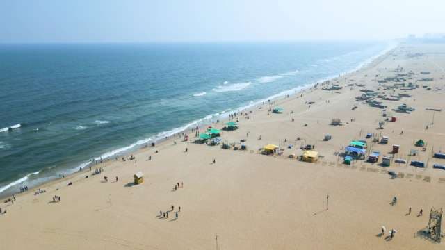 Aerial View of Crowded Marina Beach in Chennai India