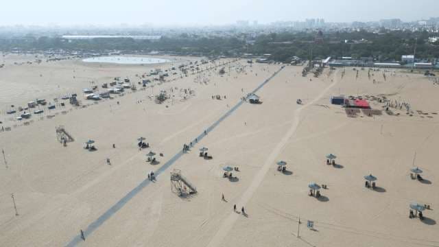 Panoramic Aerial View of Bustling Marina Beach Coastline in Chennai