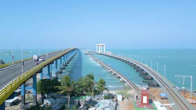 Panoramic View of Pamban Road and Railway Bridges in Rameshwaram, India
