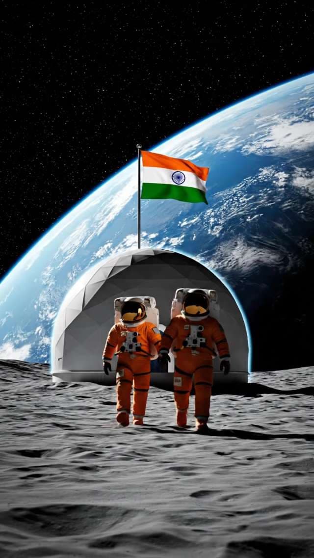 Indian Astronauts Walking on Moon Surface Near Lunar Habitat Base