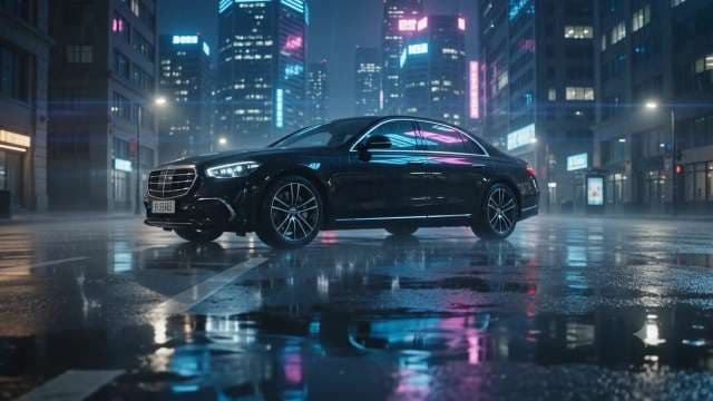 Luxury Black Sedan on Wet City Street Under Neon Lights