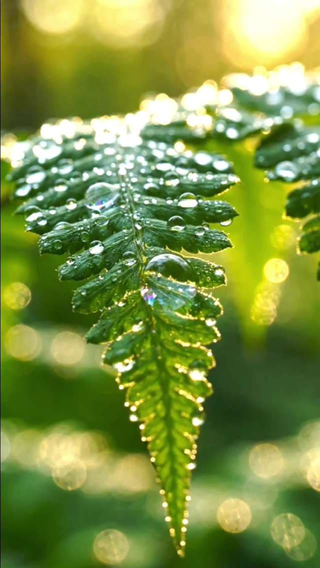 Dew Drops on Fern Leaf in Golden Morning Sunlight