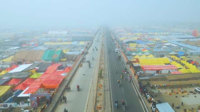 Aerial View of Foggy Bridge Over Kumbh Mela Tent City