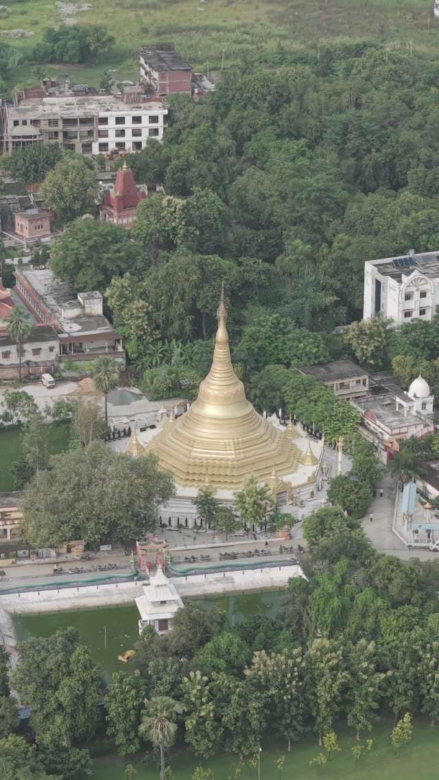 Aerial View of Golden Pagoda Buddhist Temple in Lush Forest