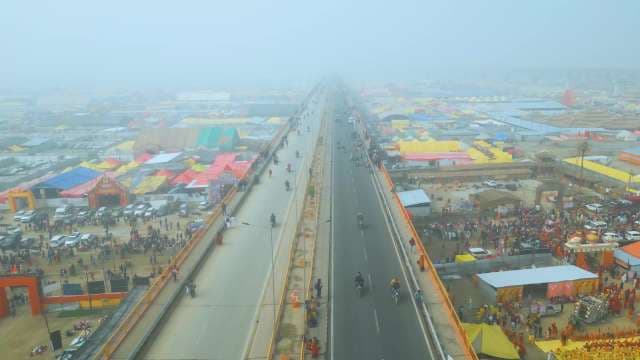 Aerial View of Bridge and Festival Tents in Foggy Prayagraj