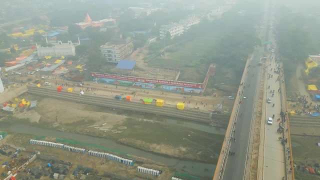 Aerial View of Foggy Prayagraj City and Bridge in India