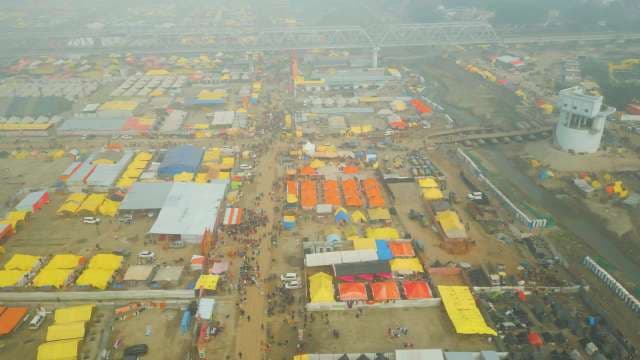 Aerial High Angle View of Kumbh Mela Festival Tents in Prayagraj