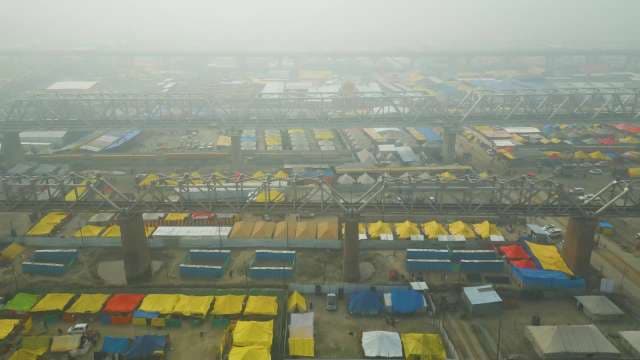 Aerial View of Kumbh Mela Tent City and Bridges