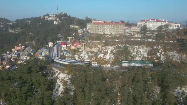 Aerial View of Shimla Cityscape and Railway Station in Winter Snow