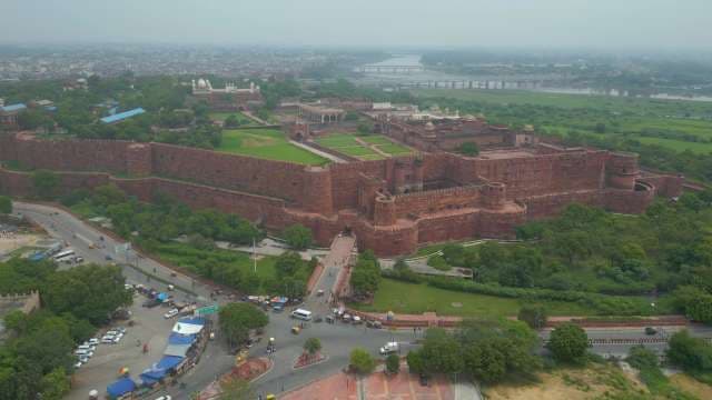 Aerial View of Historic Agra Fort and Red Sandstone Walls