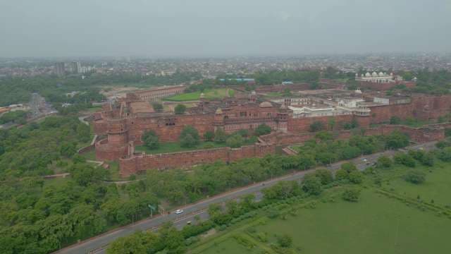 Aerial drone view of the historic Agra Fort in India