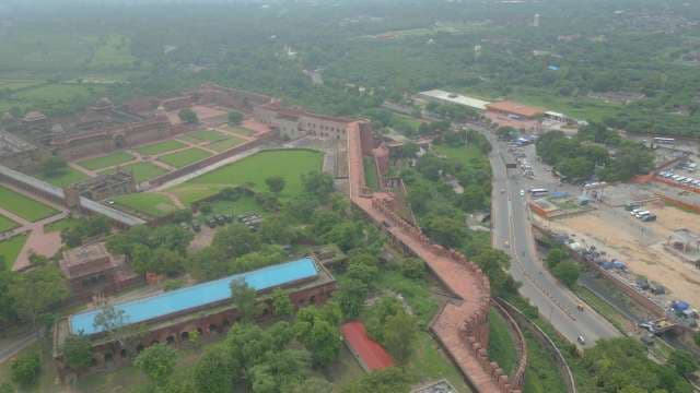 Aerial Perspective of Historic Agra Fort and Red Sandstone Walls