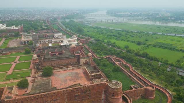 Aerial Drone View of Agra Fort and Yamuna River India