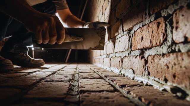 Masonry Worker Applying Mortar to Red Brick Wall Construction