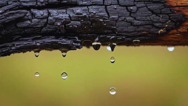 Macro Shot of Water Droplets Falling from Charred Burnt Wood
