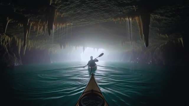 Adventurous Kayaking Through a Scenic Sea Cave Toward Sunlight