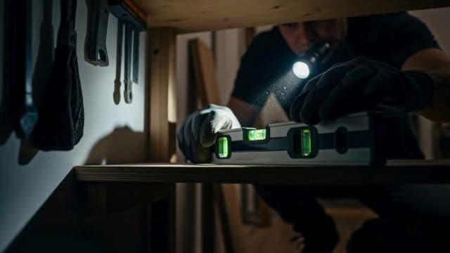 Carpenter Using Level and Flashlight for Precise Woodwork Construction