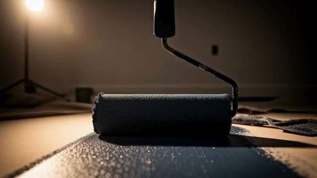 Cinematic Close-up of Paint Roller Applying Dark Grey Paint
