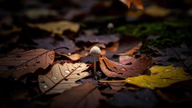Tiny Mushroom Among Damp Autumn Leaves on Forest Floor