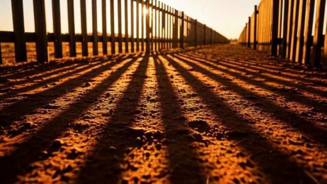 Sunset Shadows Through Wooden Fence on Dirt Path