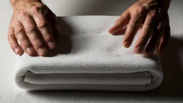 Hands Folding Clean White Microfiber Towel Close Up