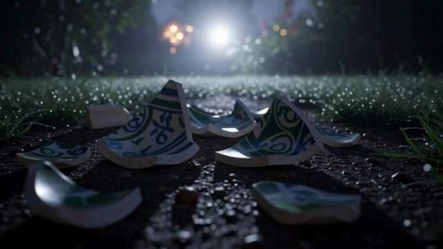 Shattered Patterned Pottery Shards on Wet Grass at Night