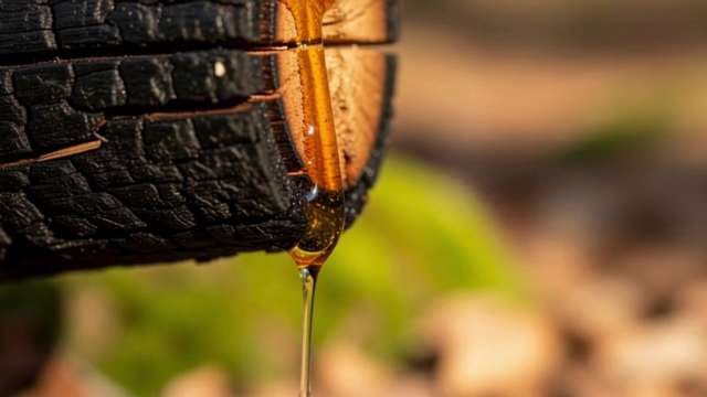 Macro Shot of Amber Tree Resin Dripping from Charred Wood