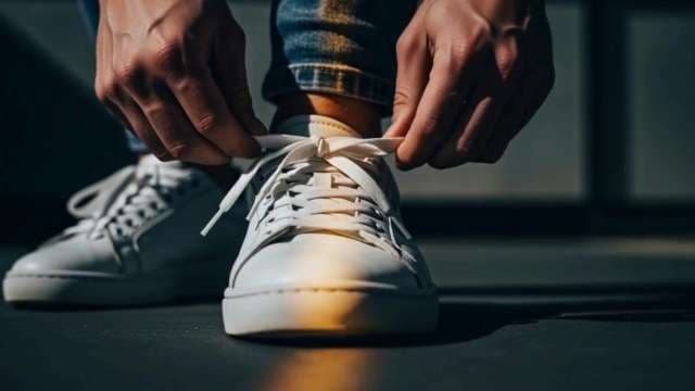 Close-up of Person Tying Laces on White Sneakers
