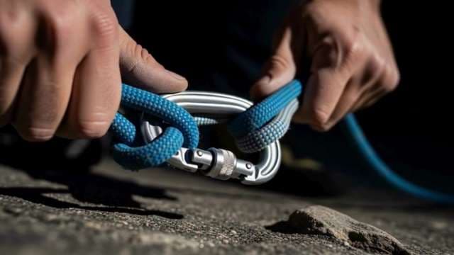 Climber Securing Blue Rope to Carabiner for Safety