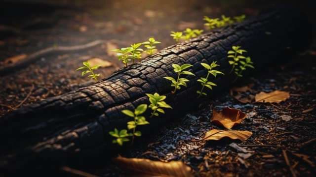Green Seedlings Growing From Charred Log After Forest Fire