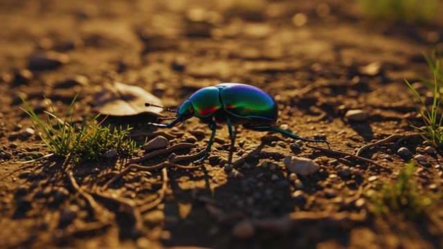Vibrant Iridescent Beetle Crawling Across Dry Ground in Golden Hour Light