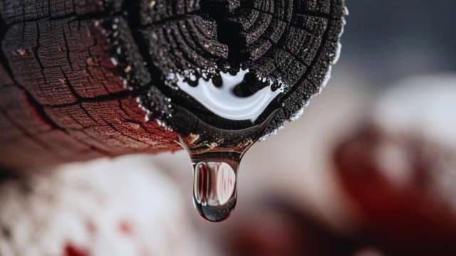 Extreme Macro of Liquid Droplet Dripping from Charred Wood