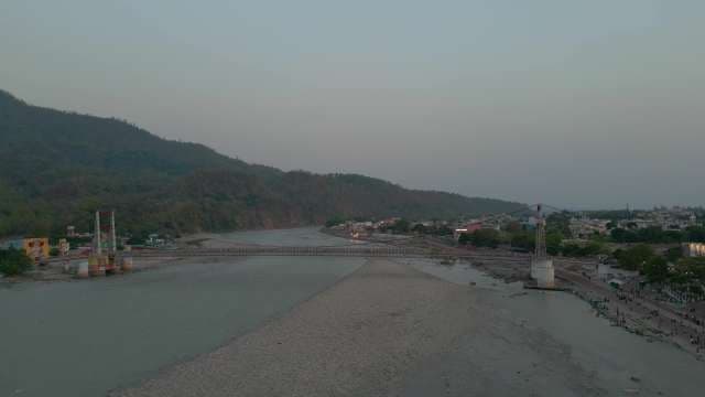 Aerial View of Lakshman Jhula Bridge Over Ganges River in Rishikesh