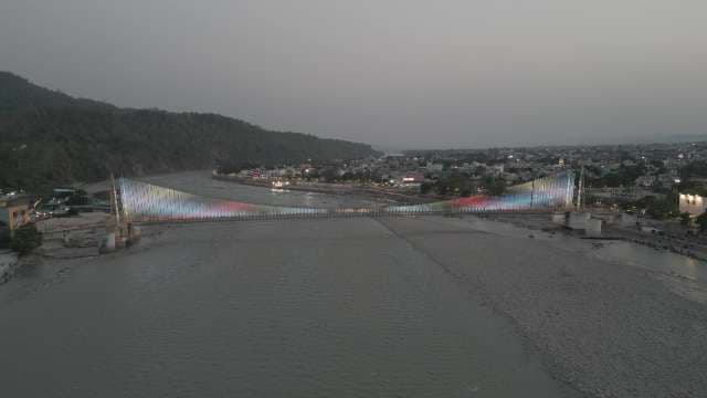 Illuminated Janki Setu Bridge Over Ganges in Rishikesh India