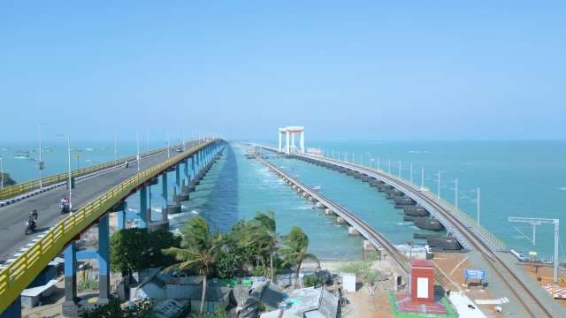 Pamban Road and Rail Bridges Over Turquoise Sea in Rameswaram