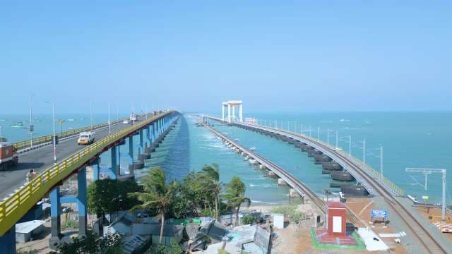 Aerial View of Pamban Road and Railway Bridges in India