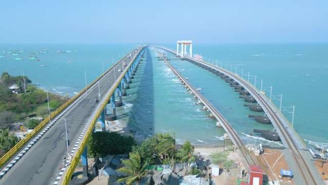 Aerial View of Pamban Bridge and Railway in Rameswaram India