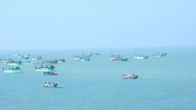 Colorful Fishing Boats Anchored in Calm Blue Ocean Waters