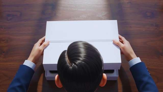 Businessman Unboxing New Tablet Computer on Wooden Desk